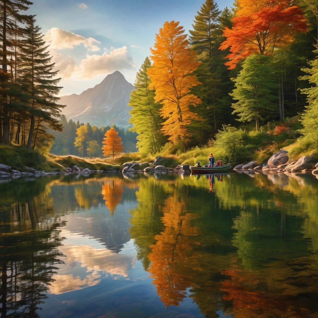 A scenic landscape showcasing a family enjoying a tailored Tauck tour, with vibrant nature surrounding them. Include iconic landmarks, children playing, and adults exploring, all exuding joy and adventure. Capture the essence of travel and bonding, emphasizing diversity in activities like hiking, sightseeing, and relaxing by a tranquil lake. The scene should reflect both family vacations and thrilling adventures. super-realistic. vibrant colors. warm lighting.