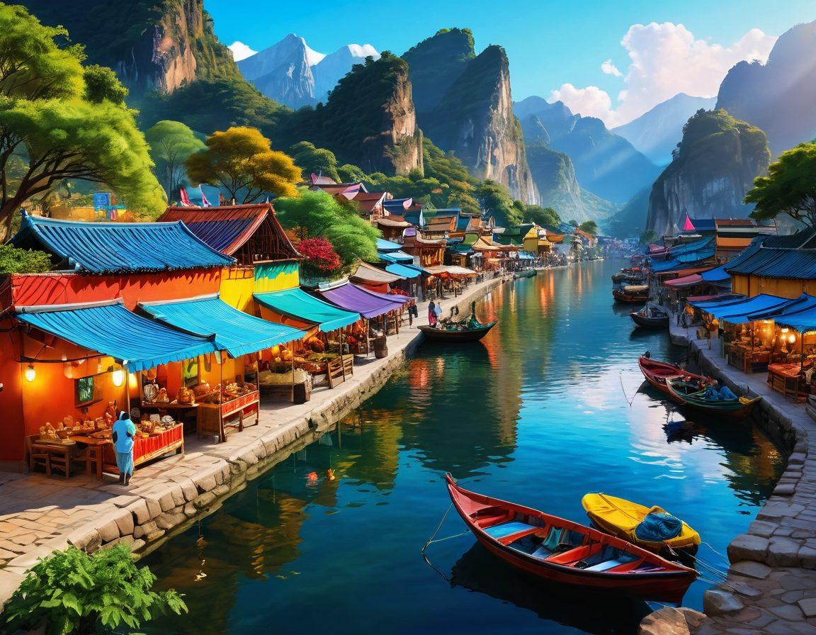 A scenic landscape showcasing diverse cultural landmarks from around the world, with vibrant local markets and smiling travelers interacting warmly with locals. Include elements like traditional clothing, exotic food stalls, and breathtaking natural scenery, symbolizing joyful exploration. The color palette should be bright and inviting, capturing the essence of happiness and adventure. super-realistic. vibrant colors. high detail.